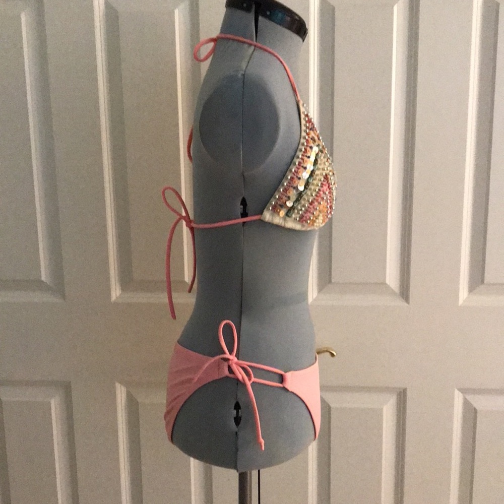 Victoria’s Secret Beaded Sequin Triangle Top Pink String Bikini Swimsuit M - Picture 3 of 17